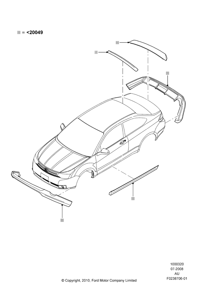 Схема Декор кузова — перед, Coupe, Less Version Packages, Includes Front Fascia, Rear Fascia and Rocker Panels, Accessory, Set Of 6 Pieces; 21.07.2008–20.07.2009
