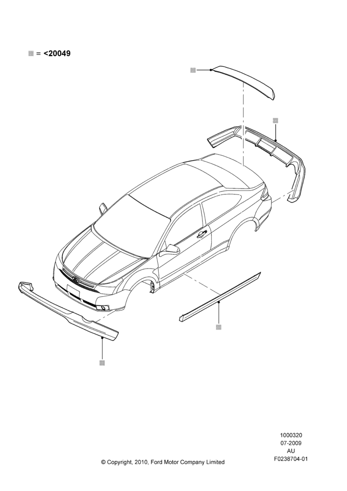 Схема Декор кузова — перед, Coupe, Less Version Packages, Includes Front Fascia, Rear Fascia and Rocker Panels, Set Of 5 Pieces, Accessory; 20.07.2009–28.06.2010