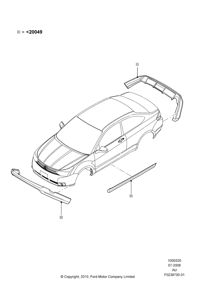 Схема Декор кузова — перед, Coupe, Less Version Packages, Includes Front Fascia, Rear Fascia and Rocker Panels, Accessory, Set Of 4 Pieces; 21.07.2008–20.07.2009