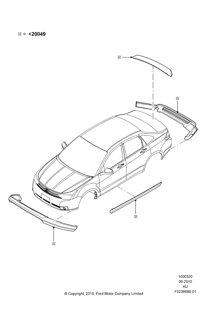 Схема Декор кузова — перед, 4 Door Sedan, Less Version Packages, Includes Front Fascia, Rear Fascia and Rocker Panels, Set Of 5 Pieces, Accessory; 28.06.2010–07.12.2010