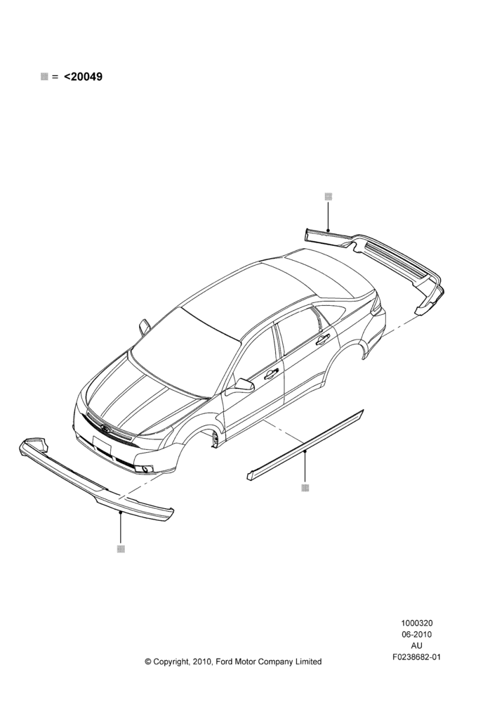 Схема Декор кузова — перед, 4 Door Sedan, Less Version Packages, Includes Front Fascia, Rear Fascia and Rocker Panels, Accessory, Set Of 4 Pieces; 28.06.2010–07.12.2010