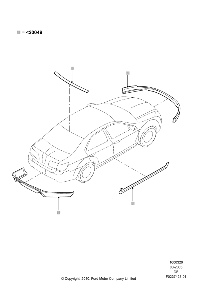 Схема Декор кузова — перед, Lincoln Division Derivative, Includes Front Fascia, Rear Fascia and Rocker Panels, Set Of 5 Pieces, Accessory, With Two Exhaust Cut-Outs; 01.08.2005–16.07.2007