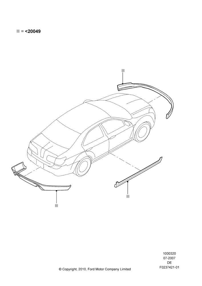 Схема Декор кузова — перед, Lincoln Division Derivative, Includes Front Fascia, Rear Fascia and Rocker Panels, Accessory, Set Of 4 Pieces, With Two Exhaust Cut-Outs; 16.07.2007–02.06.2008