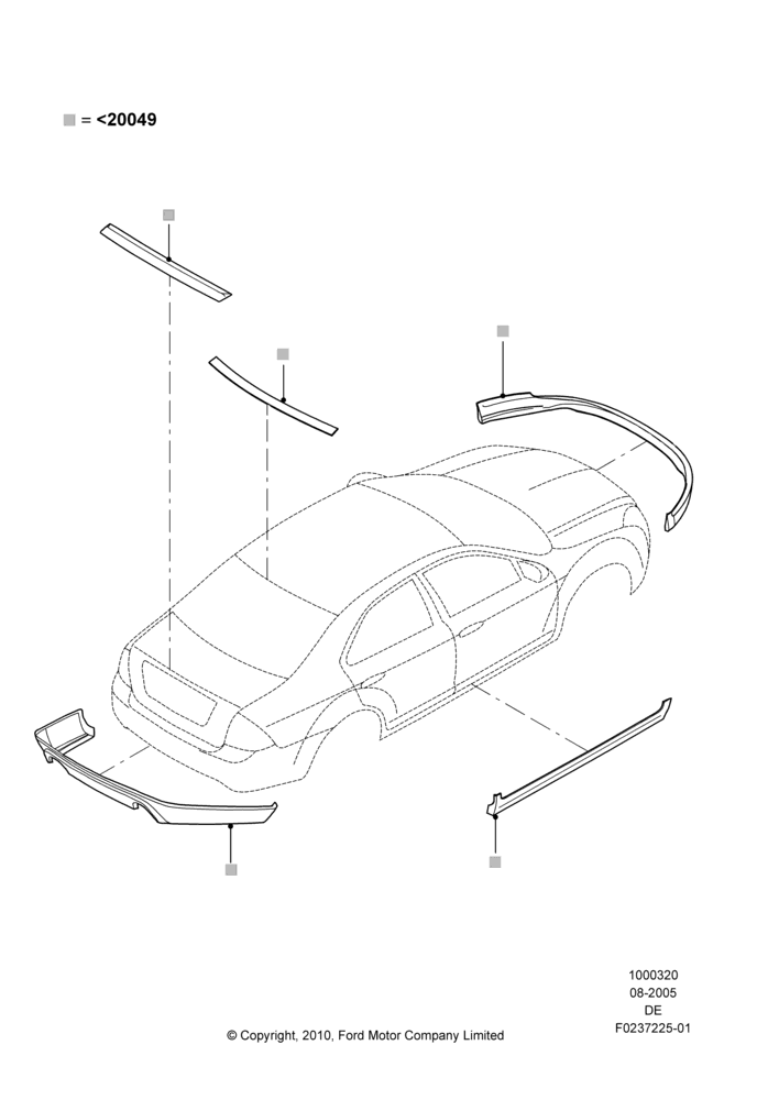 Схема Декор кузова — перед, Ford Division Derivative, Includes Front Fascia, Rear Fascia and Rocker Panels, Accessory, Set Of 6 Pieces, With Two Exhaust Cut-Outs; 01.08.2005–16.07.2007