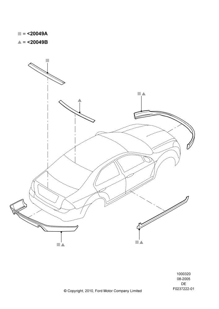 Схема Декор кузова — перед, Ford Division Derivative, Includes Front Fascia, Rear Fascia and Rocker Panels, Set Of 5 Pieces, Accessory, With Two Exhaust Cut-Outs; 01.08.2005–16.07.2007