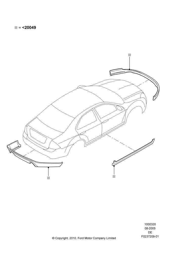 Схема Декор кузова — перед, Ford Division Derivative, Includes Front Fascia, Rear Fascia and Rocker Panels, Accessory, Set Of 4 Pieces, With Two Exhaust Cut-Outs; 01.08.2005–16.07.2007