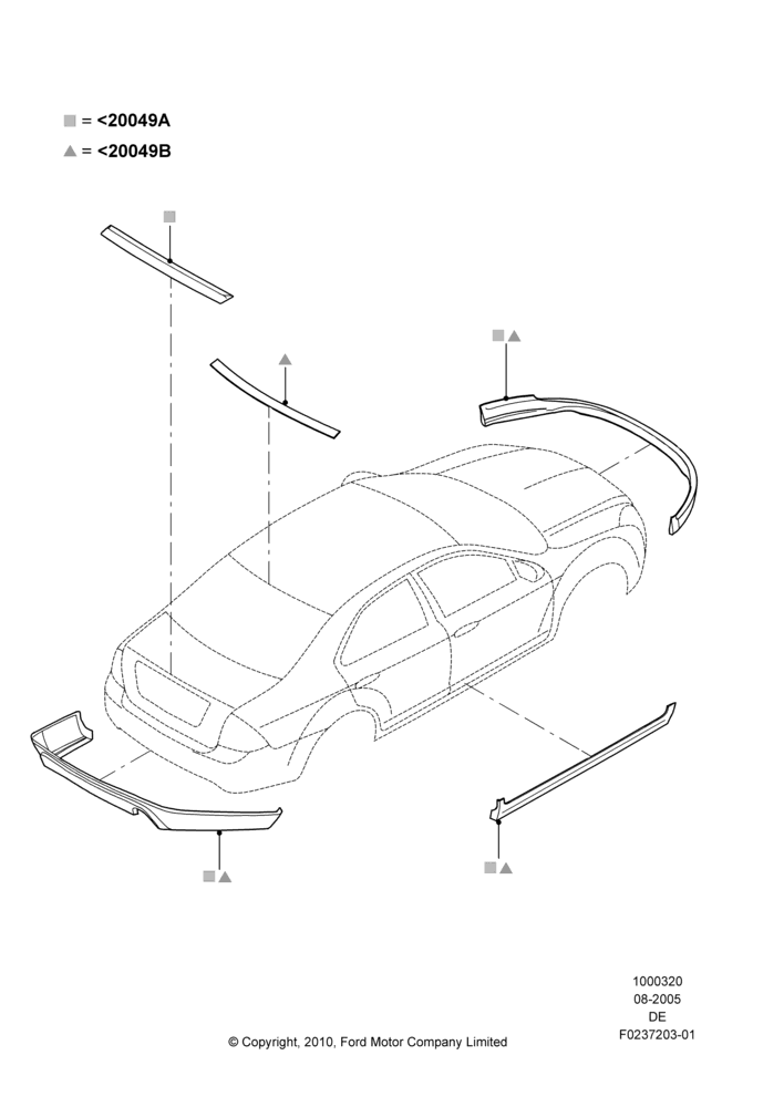 Схема Декор кузова — перед, Ford Division Derivative, Includes Front Fascia, Rear Fascia and Rocker Panels, Set Of 5 Pieces, Accessory, With One Exhaust Cut-Out; 01.08.2005–16.07.2007