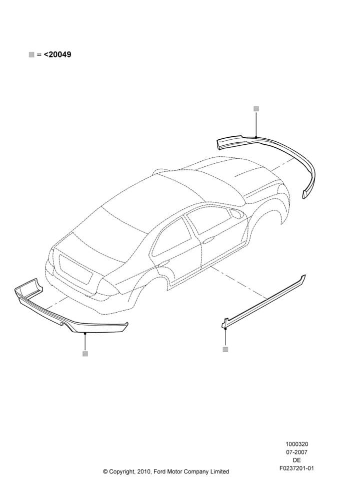 Схема Декор кузова — перед, Ford Division Derivative, Includes Front Fascia, Rear Fascia and Rocker Panels, Accessory, Set Of 4 Pieces, With One Exhaust Cut-Out; 16.07.2007–02.06.2008