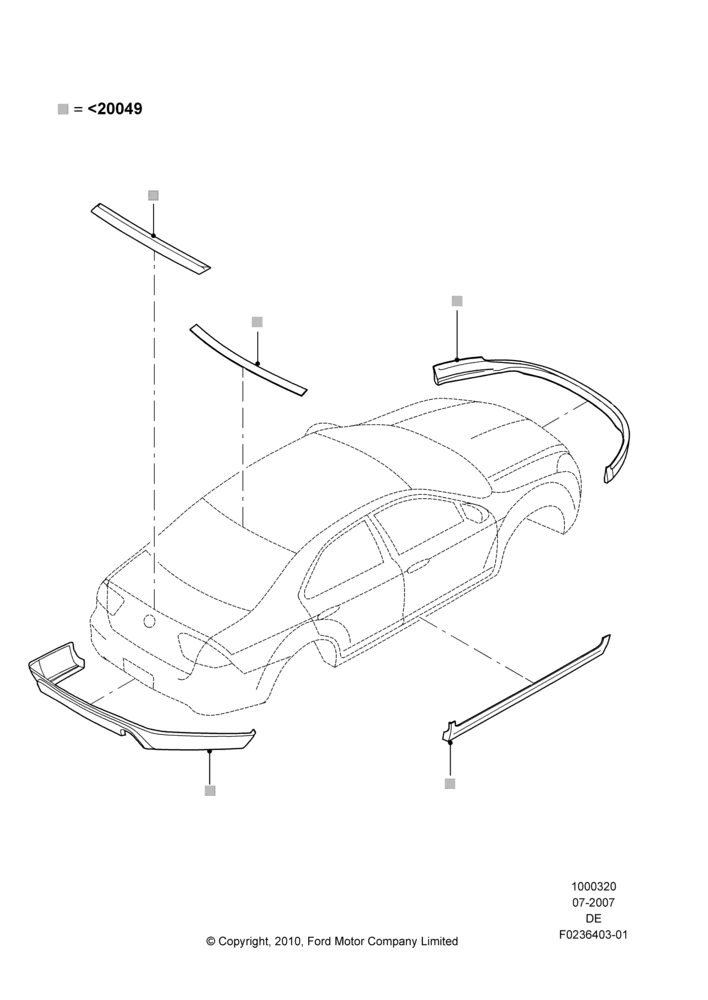 Схема Декор кузова — перед, Mercury Division Derivative, Includes Front Fascia, Rear Fascia and Rocker Panels, Set Of 6 Pieces, With One Exhaust Cut-Out; 16.07.2007–02.06.2008