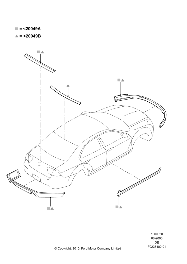 Схема Декор кузова — перед, Mercury Division Derivative, Includes Front Fascia, Rear Fascia and Rocker Panels, Set Of 5 Pieces, Accessory, With Two Exhaust Cut-Outs; 01.08.2005–16.07.2007