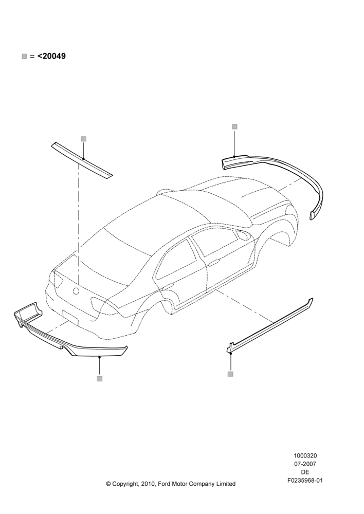 Схема Декор кузова — перед, Mercury Division Derivative, Includes Front Fascia, Rear Fascia and Rocker Panels, Set Of 5 Pieces, Accessory, With Two Exhaust Cut-Outs; 16.07.2007–02.06.2008