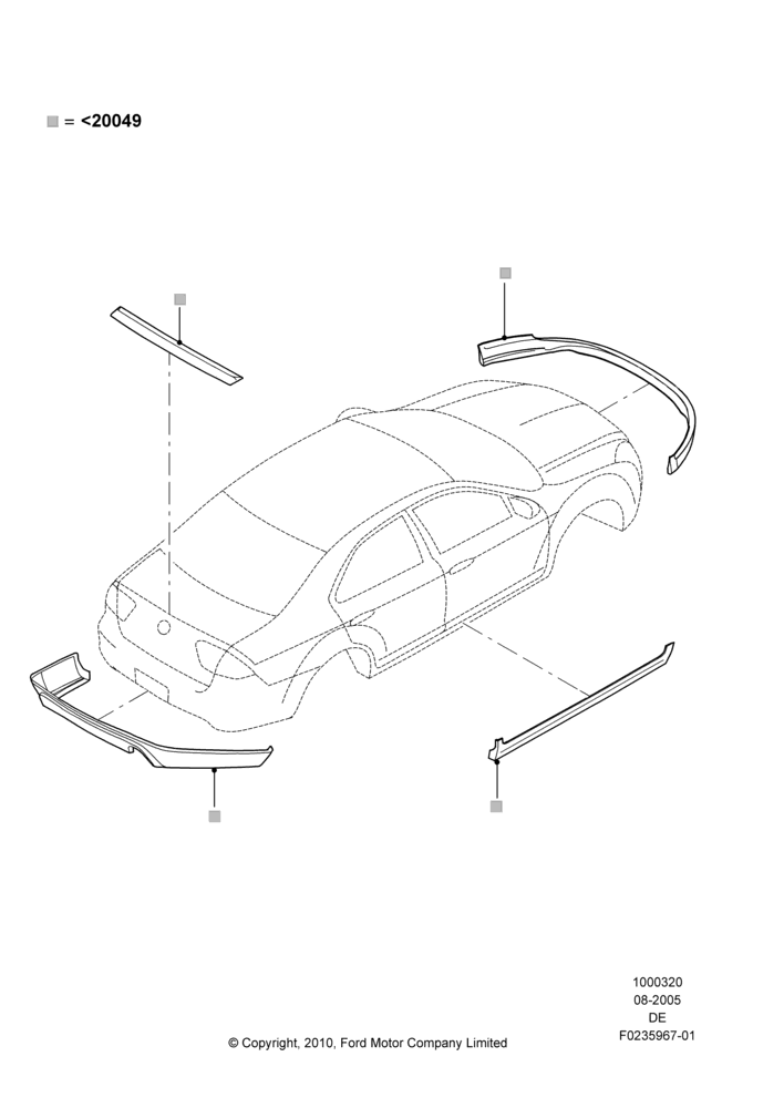 Схема Декор кузова — перед, Mercury Division Derivative, Includes Front Fascia, Rear Fascia and Rocker Panels, Accessory, Set Of 6 Pieces, With One Exhaust Cut-Out; 01.08.2005–16.07.2007