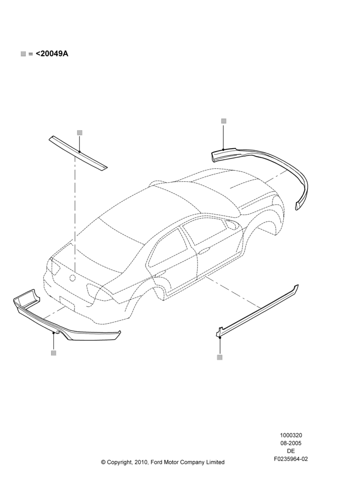 Схема Декор кузова — перед, Mercury Division Derivative, Includes Front Fascia, Rear Fascia and Rocker Panels, Accessory, Set Of 6 Pieces, With One Exhaust Cut-Out; 01.08.2005–16.07.2007