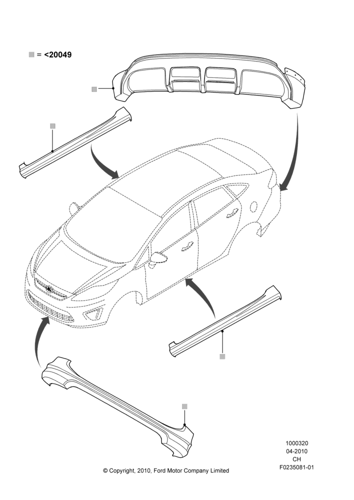 Схема Декор кузова — перед, 4 Door Sedan, Includes Front Fascia, Rear Fascia and Rocker Panels, Accessory, Set Of 4 Pieces; 26.04.2010–18.07.2011