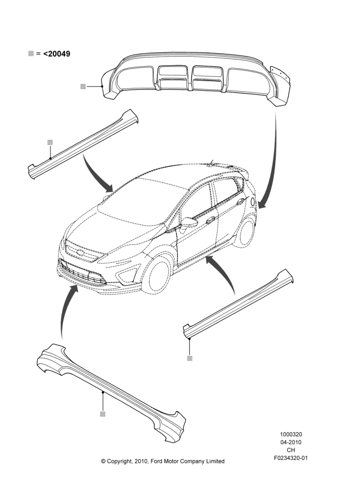 Схема Декор кузова — перед, 5 Door Sedan, Includes Front Fascia, Rear Fascia and Rocker Panels, Accessory, Set Of 4 Pieces; 26.04.2010–18.07.2011