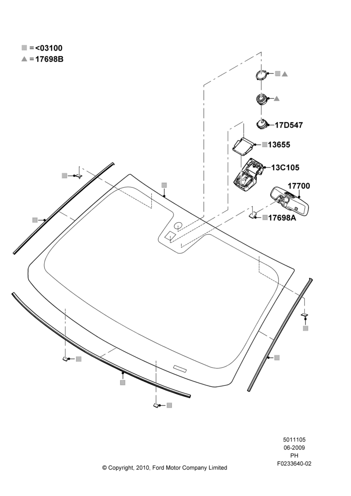 Схема Лобовое стекло и салонное зеркало заднего вида, Rain Sensor - Fr Windscreen Wiper; 15.06.2009–06.02.2012