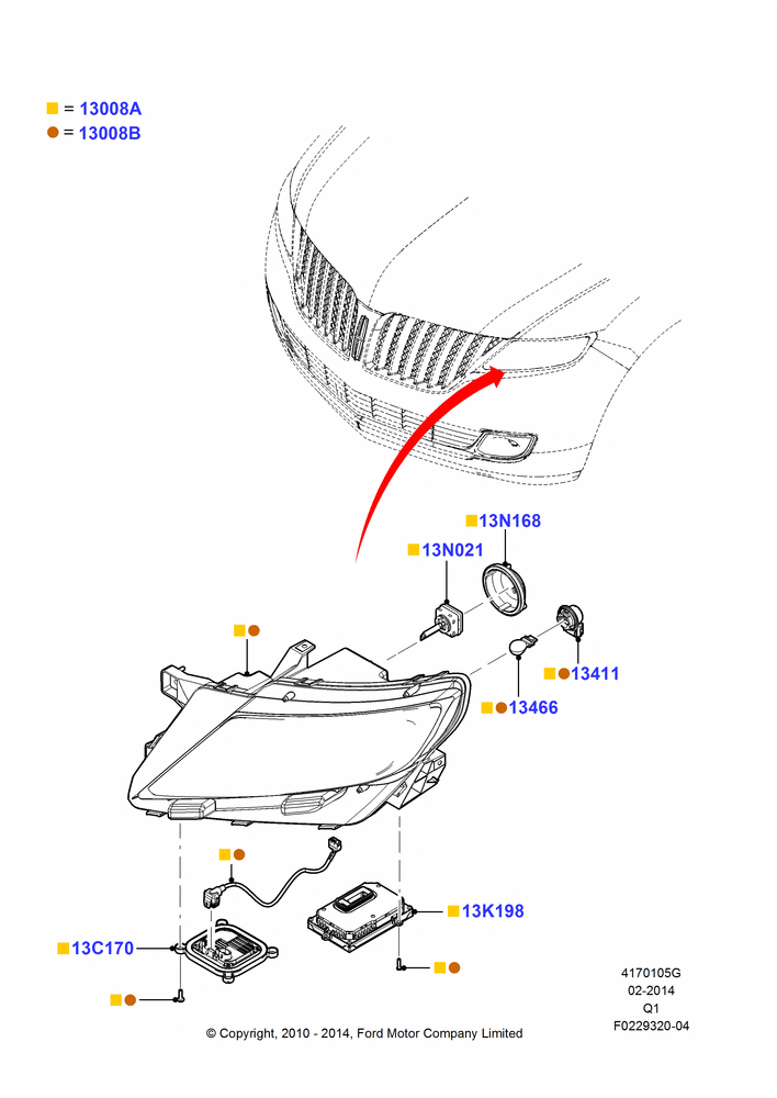 Схема Фары и передние указатели, High Intensity Discharge Headlamp, Lincoln/Mercury Series; 12.07.2010–04.04.2012