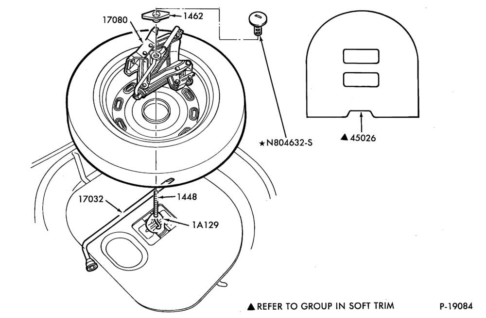 Схема SPEEDOMETER, BUMPERS, MIRRORS AND WIPERS-Jack and spare wheel parts- B/T 54