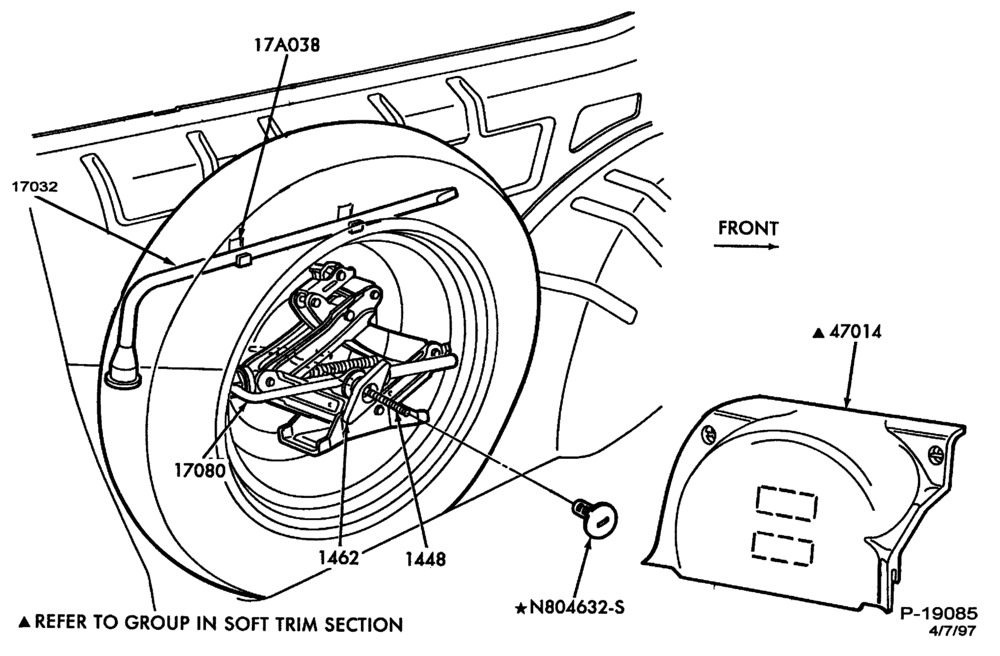Схема SPEEDOMETER, BUMPERS, MIRRORS AND WIPERS-Jack and spare wheel parts- B/T 74