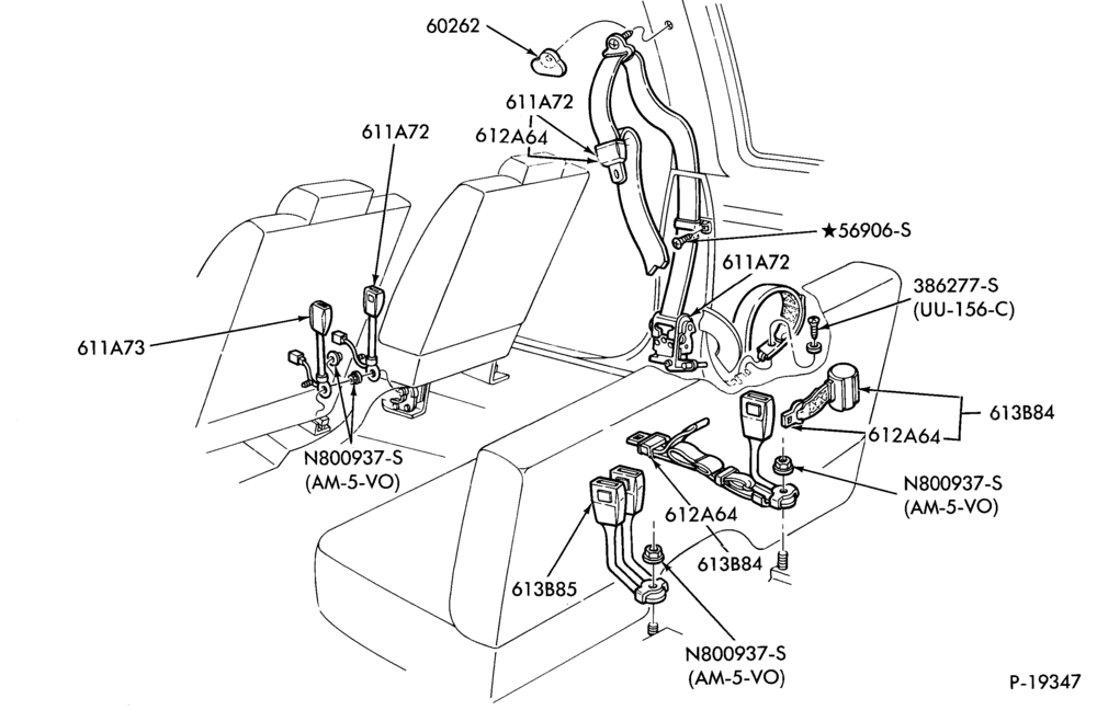 Схема SEATS AND SEAT BELTS-Seat belt and shoulder harness installation- bucket seat