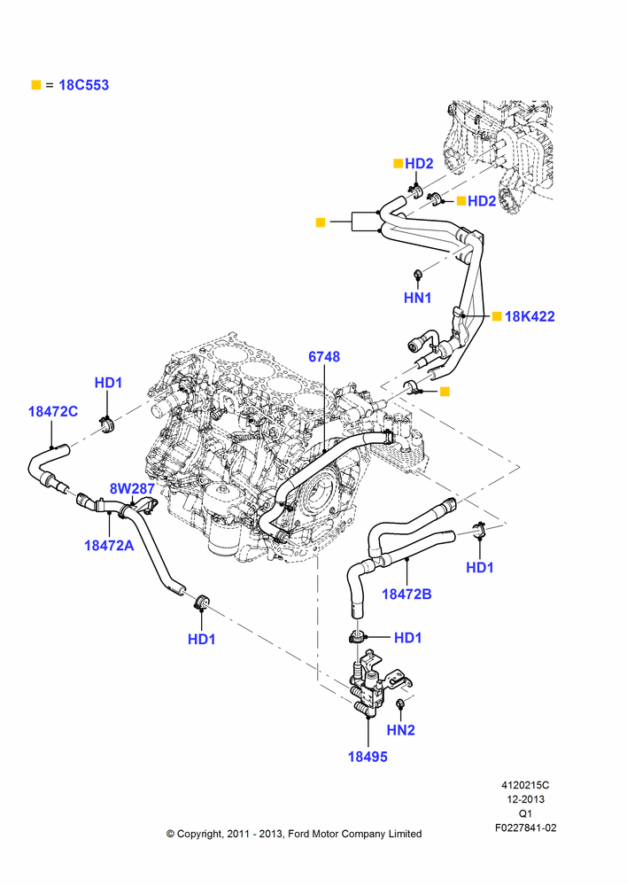 Схема Шланги отопителя, 2.0L EcoBoost (240PS); 08.08.2011–24.12.2014