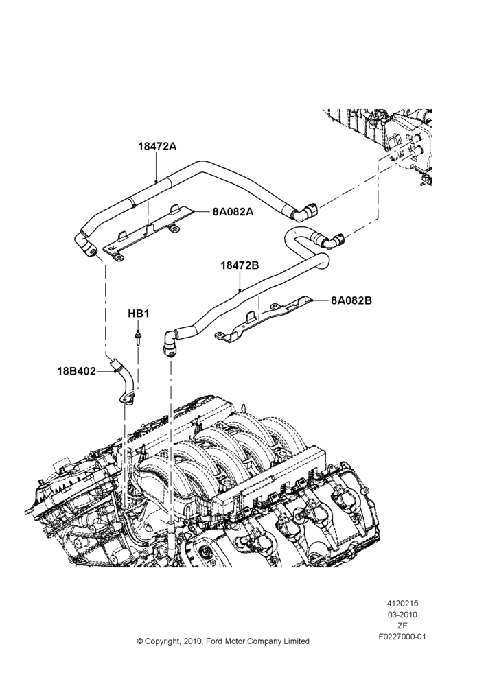 Схема Шланги отопителя, MOD 5.0L-4V DOHC SEFI NA; 22.03.2010–27.06.2014