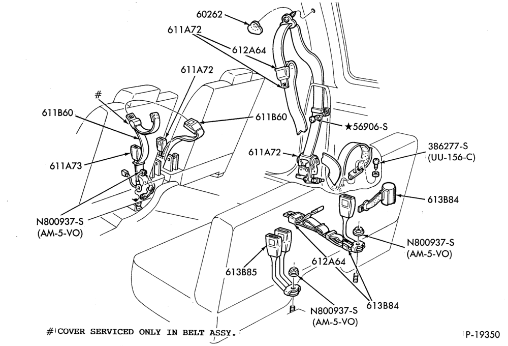 Схема SEATS AND SEAT BELTS-Seat belt and shoulder harness installation- split bench seat