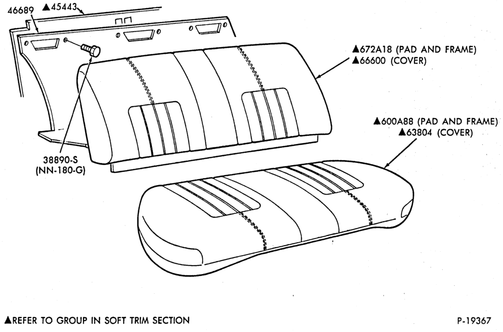 Схема SEATS AND SEAT BELTS-Rear seat parts - B/T 54 - w/o center armrest
