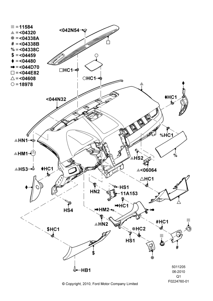 Схема Панель приборов, Ford Series, Trim Pieces; 12.07.2010–24.12.2014