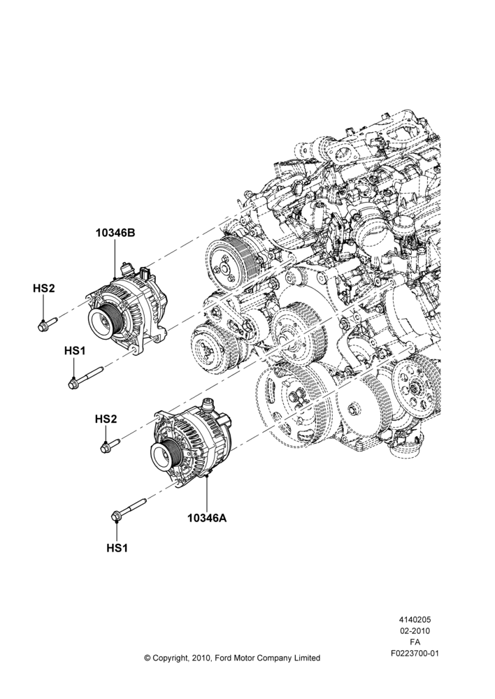 Схема Генератор и крепление, 6.7L 4V V8 T/C Diesel, Dual Heavy Duty Alternators; 22.02.2010–05.07.2016