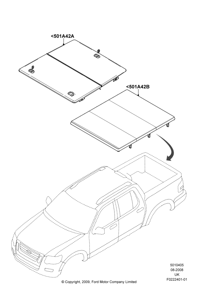 Схема Кузов пикапа и тент, Folding Hard Tonneau Cover, Accessory; 13.08.2008–29.10.2010
