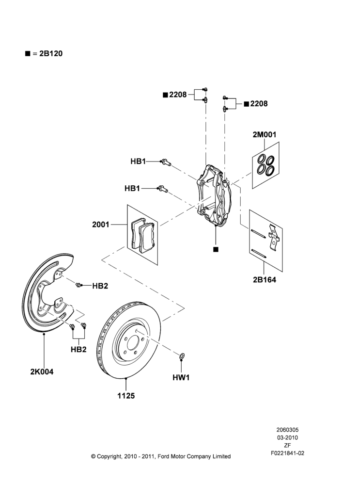 Схема Передние тормозные диски и суппорты, Base/GT, With Performance Brakes; 22.03.2010–27.06.2014
