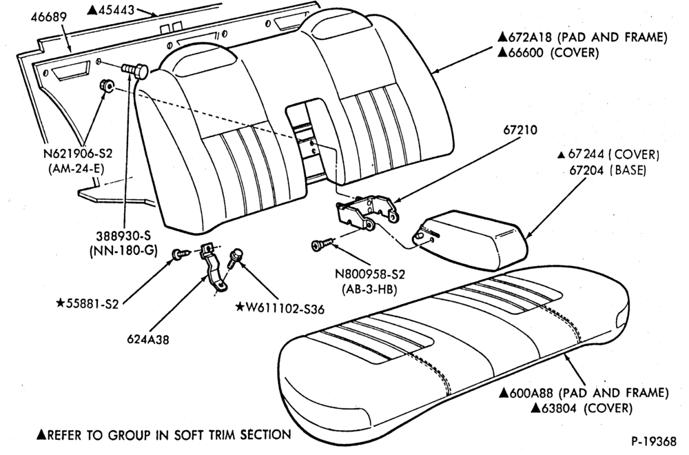 Схема SEATS AND SEAT BELTS-Rear seat parts - B/T 54- w/center armrest