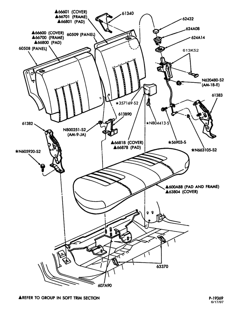 Схема SEATS AND SEAT BELTS-Rear seat parts - B/T 74 - split folding