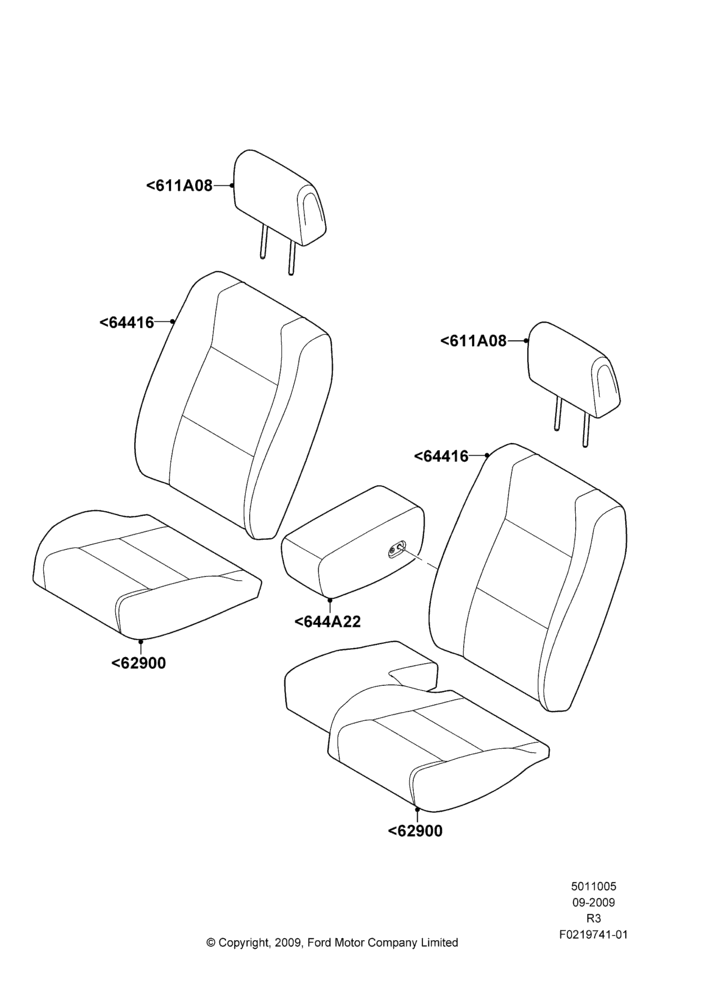 Схема Обивка передних сидений, Regular Cab, With Split Bench Front Seat; 14.09.2009–16.12.2011