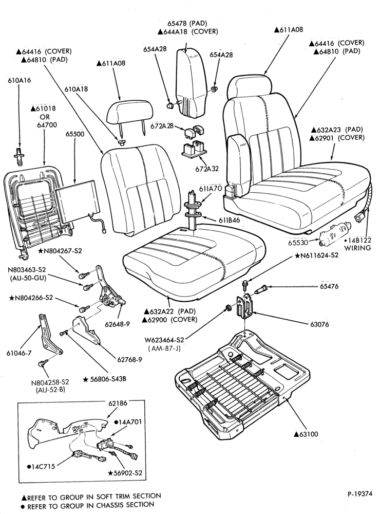 Схема SEATS AND SEAT BELTS-Front seat parts - upper half - split bench