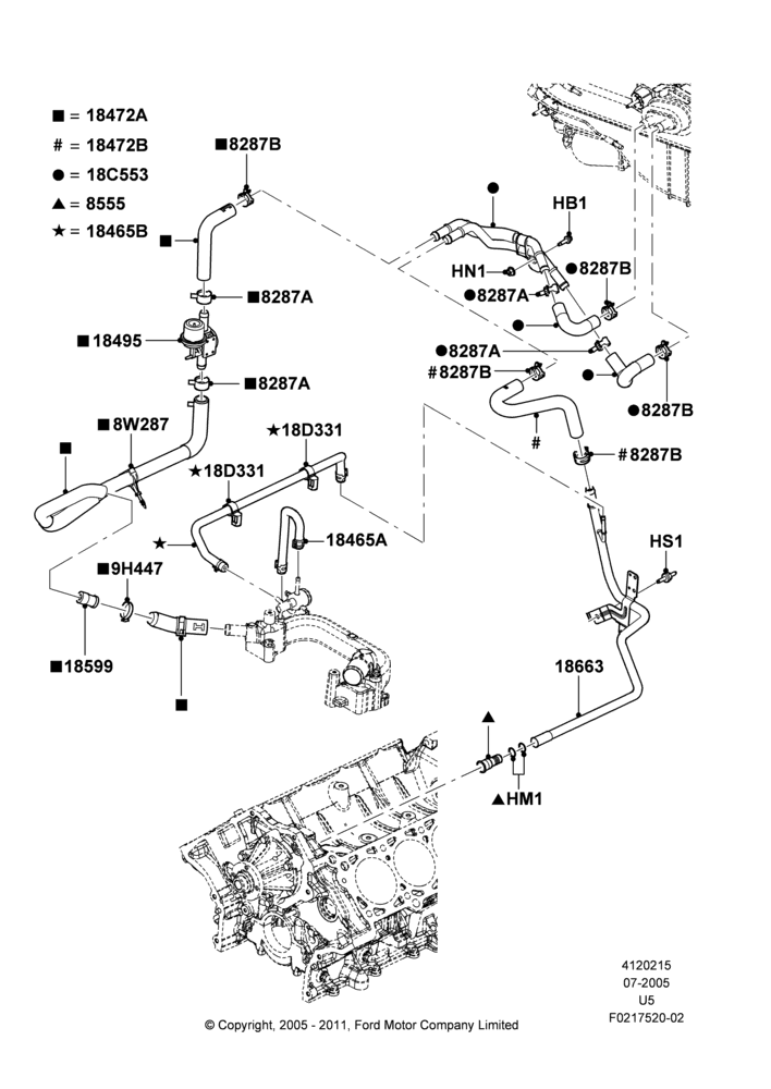 Схема Шланги отопителя, All 8 Cylinder Gas Engines, Less Aux Overhead Heater And A/C; 19.07.2005–16.12.2010