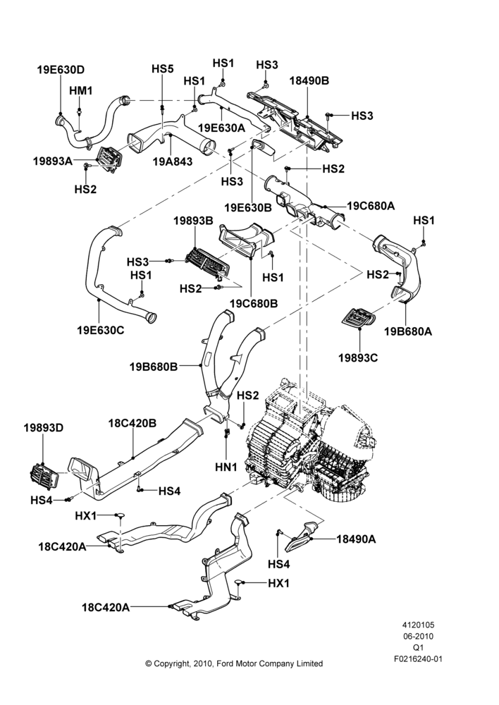 Схема Дефлекторы вентиляции, Louvres and Ducts, Ford Series; 12.07.2010–24.12.2014
