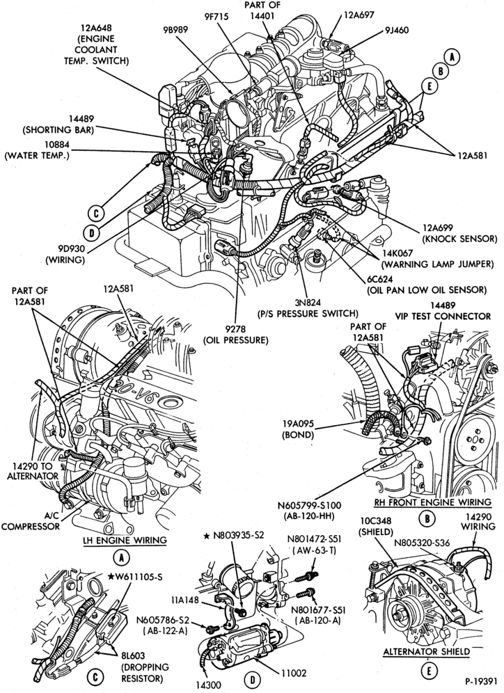 Схема ELECTRICAL SYSTEMS-Wiring system - Page- engine compt.-6 cyl. 183 (3.0L)-exc. SHO