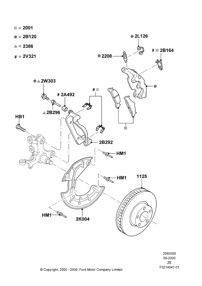 Схема Передние тормозные диски и суппорты, 4.6 SOHC EFI, Less Exterior Appearance Pack; 18.09.2000–12.05.2004