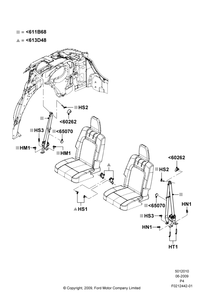 Схема Задние ремни безопасности, With Third Row Power Folding Seat, With Third Row Split Bench Seat; 06.07.2009