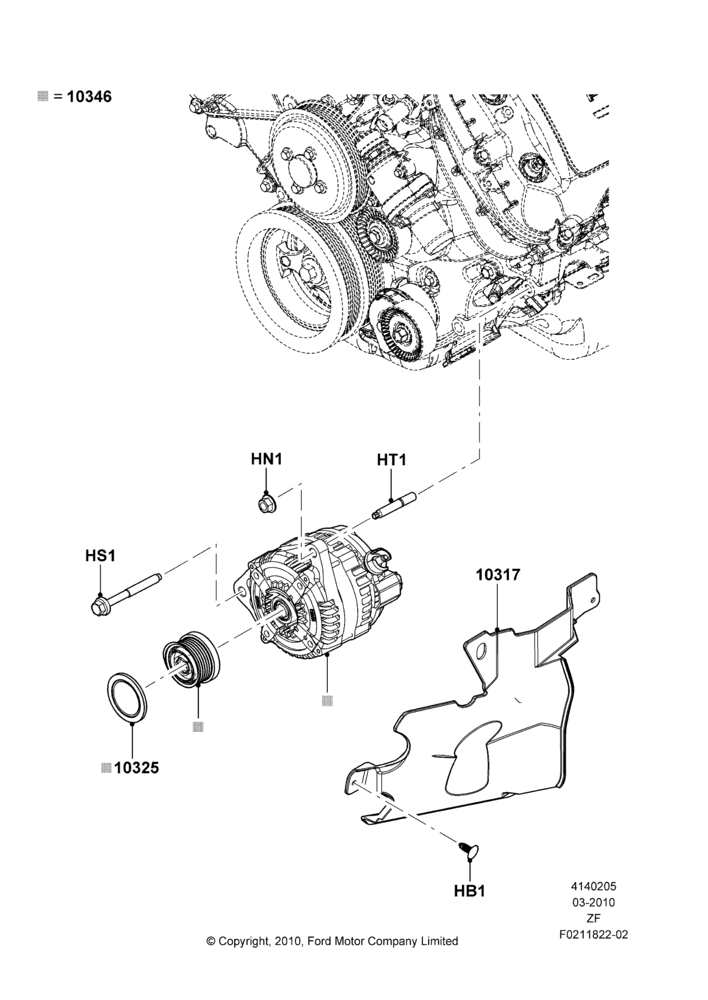 Схема Генератор и крепление, MOD 5.0L-4V DOHC SEFI NA; 22.03.2010–27.06.2014