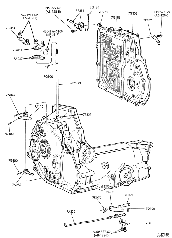 Схема AXOD TYPE - INTERNAL PARTS-INTERNAL PARTS - manual control linkage and parking pawl-E,ME