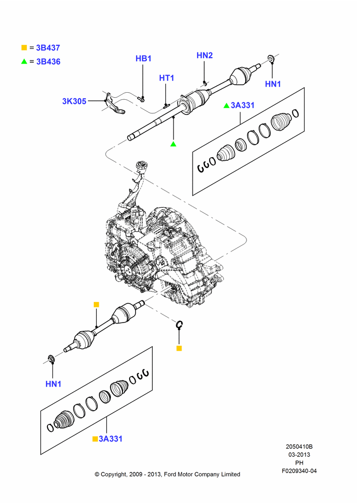 Схема Приводные валы переднего моста, 3.5L 4V DOHC VCT SMPI V6 Gas; 15.06.2009–18.07.2011