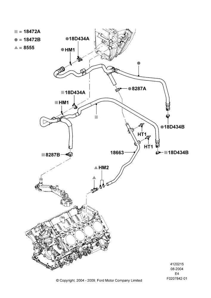Схема Шланги отопителя, 5.4L Modular SOHC V8, 6.8L SOHC EFI NA V10 Gas, All Reg/Ext Vans/Wagons & Cutaway, With Auxiliary Air Conditioning; 02.08.2004–18.08.2008