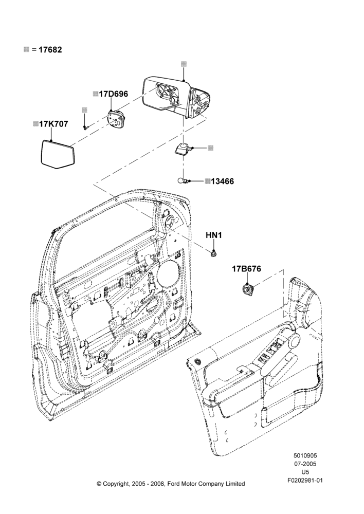 Схема Наружные зеркала заднего вида, Drivers Power Mirror W/Puddle Lamps, Drv Pwr/Htd Ck Mirror W/Puddle Lamp, Pass Power Heated - CK/Puddle Lamp, Pass Power w/Puddle Lamps; 19.07.2005–16.12.2010
