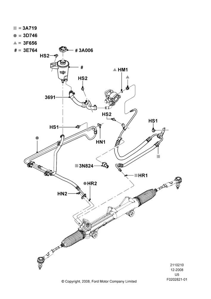 Схема Supply & Return Hoses - Power Strg, 4.6L 3V V8, LHD 4WD (FTD), LHD 4WD (Part Time Drive), LHD RWD, Romeo 4.6 SOHC EFI; 01.12.2008–16.12.2010