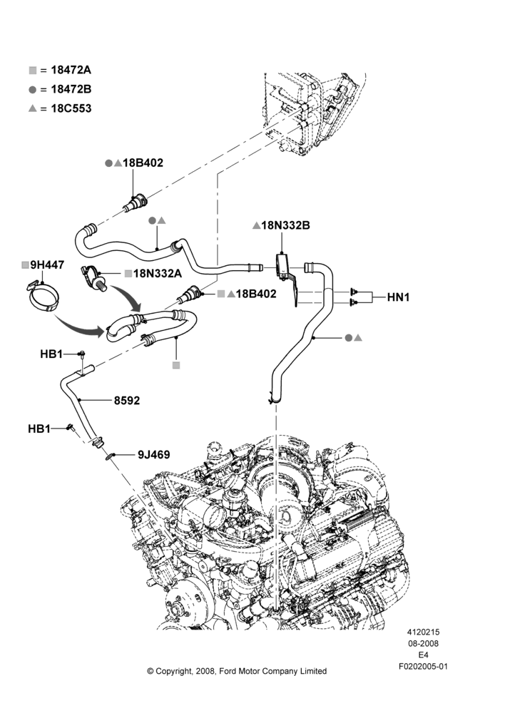 Схема Шланги отопителя, 6.0L  OHV Diesel V8 DI, Less Air Conditioning, Less Heater/Air Con Prep Pack, Manual Air Conditioning; 18.08.2008–26.07.2010