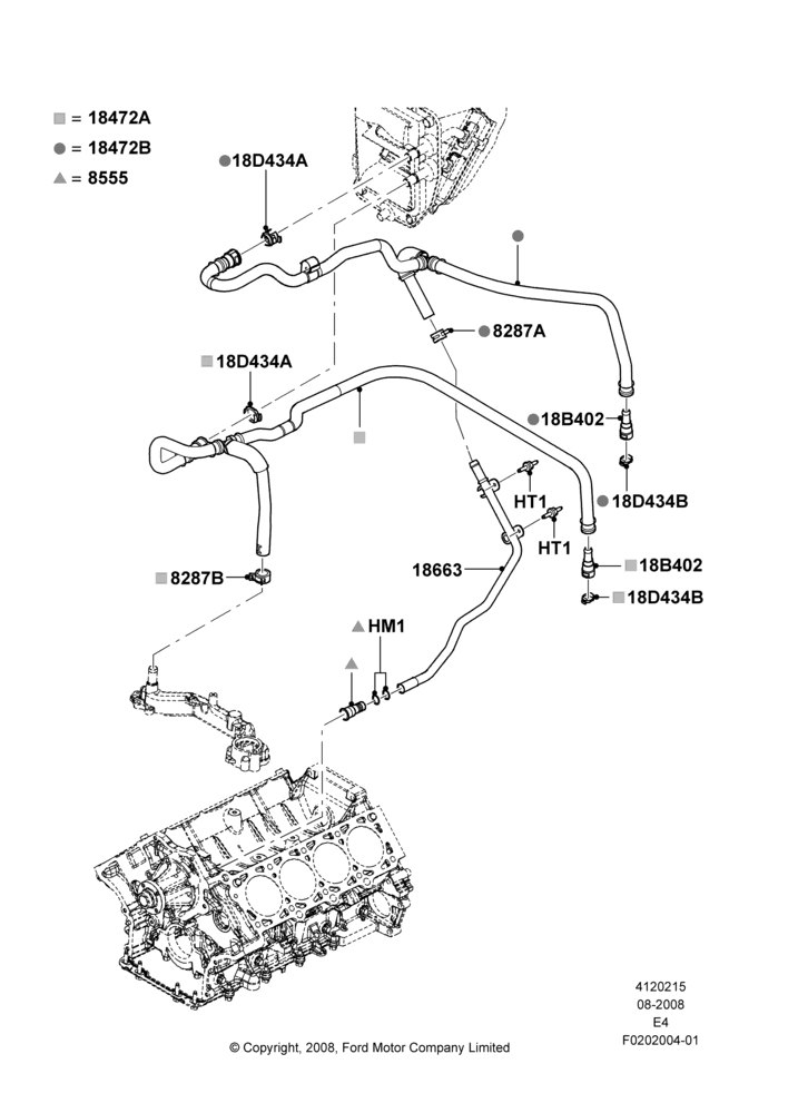 Схема Шланги отопителя, 5.4L Modular SOHC V8, 6.8L SOHC EFI NA V10 Gas, All Reg/Ext Vans/Wagons & Cutaway, With Auxiliary Air Conditioning; 18.08.2008