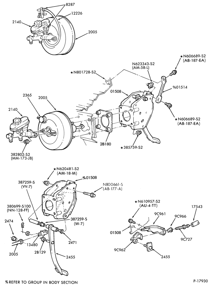 Схема BRAKES-Brake booster and pedal installation-"From 3/85"
